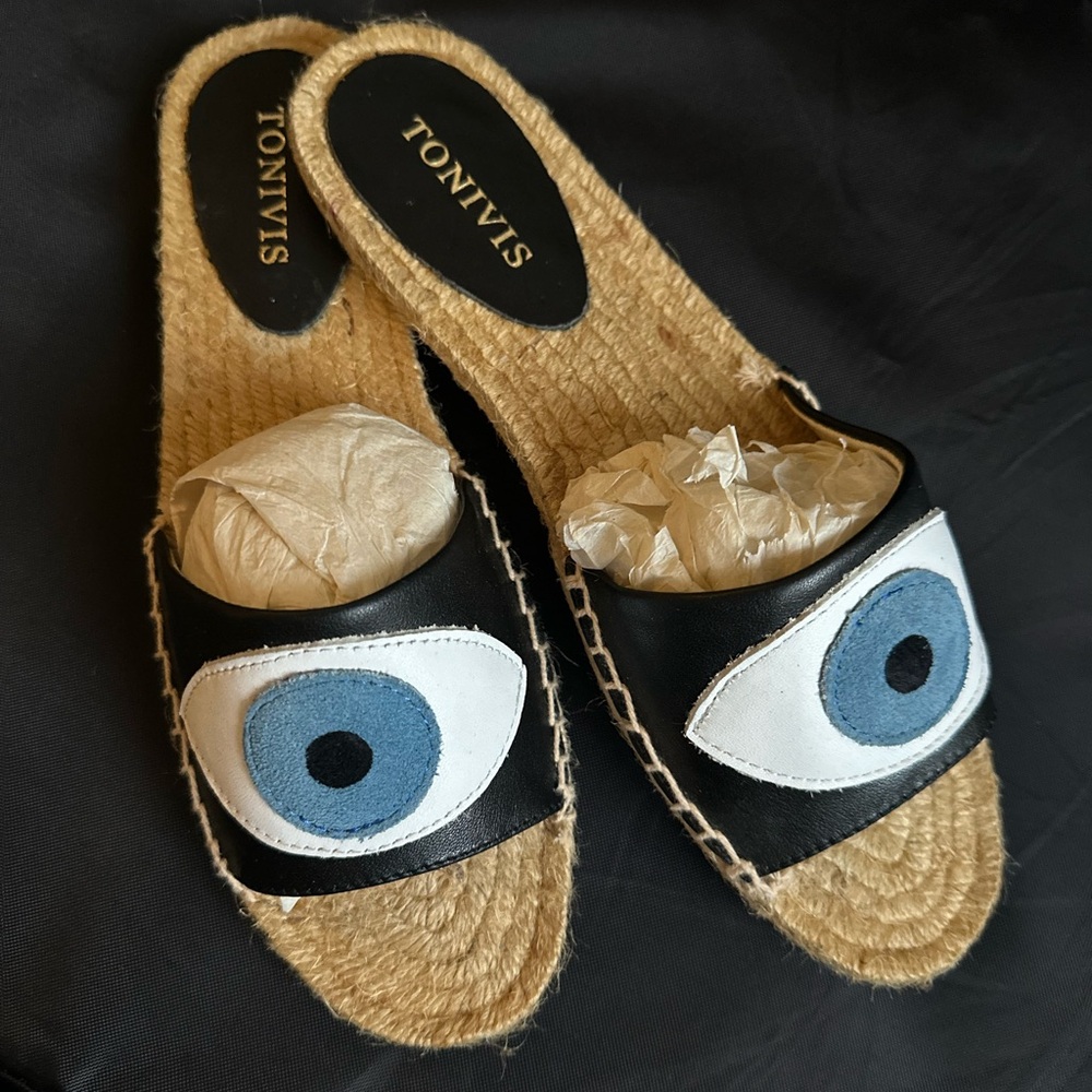 Black and Blue Eye Espadrille Slides